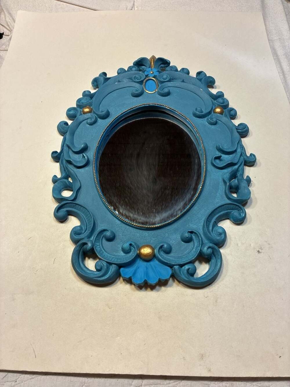 Vintage Decoline Ornate Blue and Gold Scrollwork Oval Wall Mirror Hand Painted